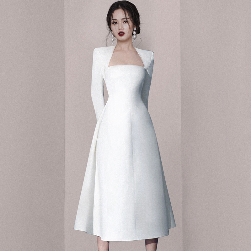 2024 Autumn and Winter New White Simple dress Bride Toast Bridesmaid's Dress Banquet Formal Occasion Dress