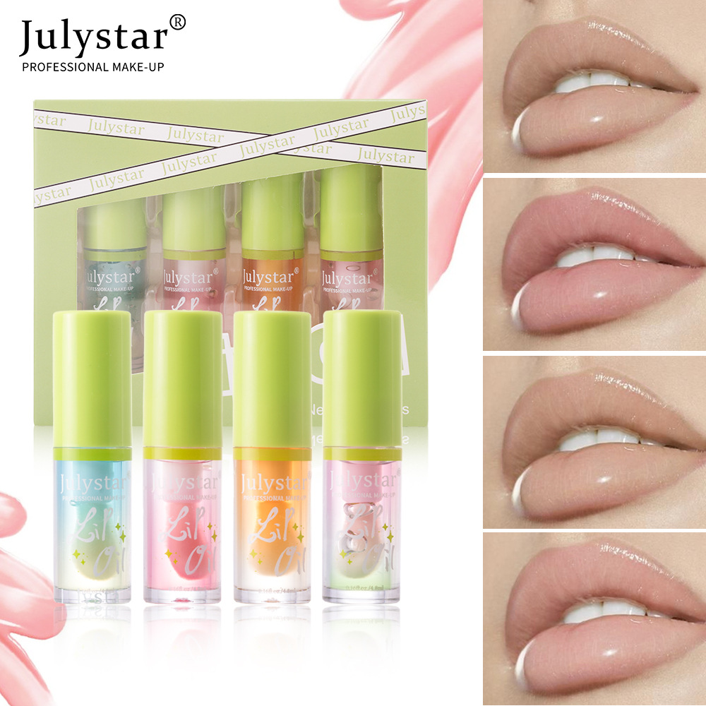 Julystar Hydrating Head Brush Lip Gloss Mirror Moisturizing Hami Melon Lip Oil 4-bottle Set Wholesale Makeup undefined
