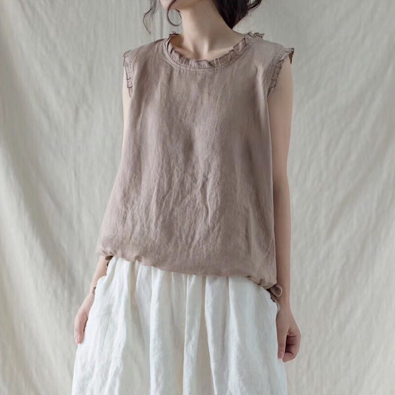 Ancient Cafe Clothing Spring and Summer New Artistic Leisure Ear Collar Hem Drawstring Solid Color Sleeveless Linen Vest Women's Top