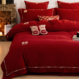 Wedding Four-Piece Set 100S Long-Staple Cotton Brushed Quilt Cover Red Cotton Bed Sheetss Wedding Bedding
