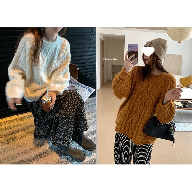 [9.22 8Pm] Im Camel Wool + Floral Skirt! Lazy Stereo Twist Thick Thread Sweater Autumn and Winter Rolled Edge