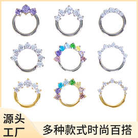 新款G23钛合金耳钉镶锆石拼环铜质潮流彩色316L手术钢锆石耳环