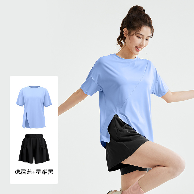 Juyi Tang primavera y otoño conjunto de yoga abierto suelto camiseta transpirable camiseta anti-stroller pantalones cortos para correr conjunto deportivo image 11