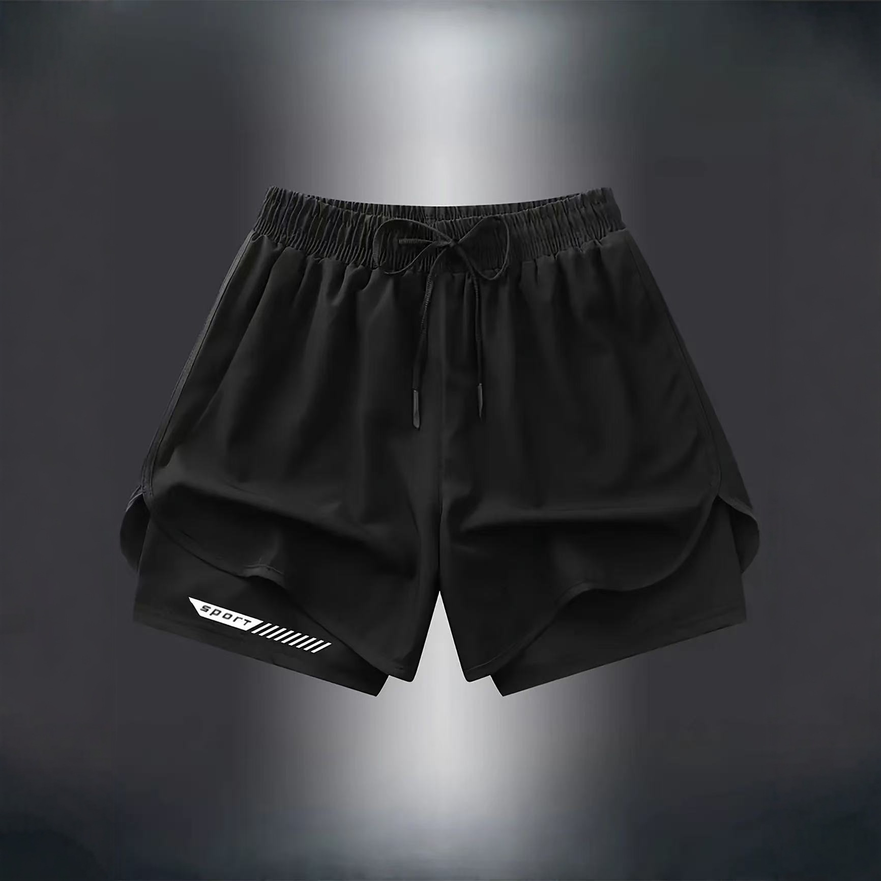 2025 New Summer Men's Quick-Drying Sports Shorts Fake Two-Piece Running Fitness Ice Silk Breathable Stretch Casual Pants