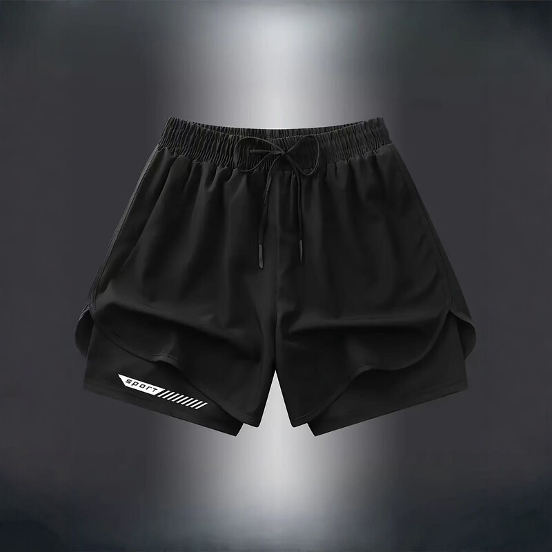 2025 New Summer Men's Quick-Drying Sports Shorts Fake Two-Piece Running Fitness Ice Silk Breathable Stretch Casual Pants