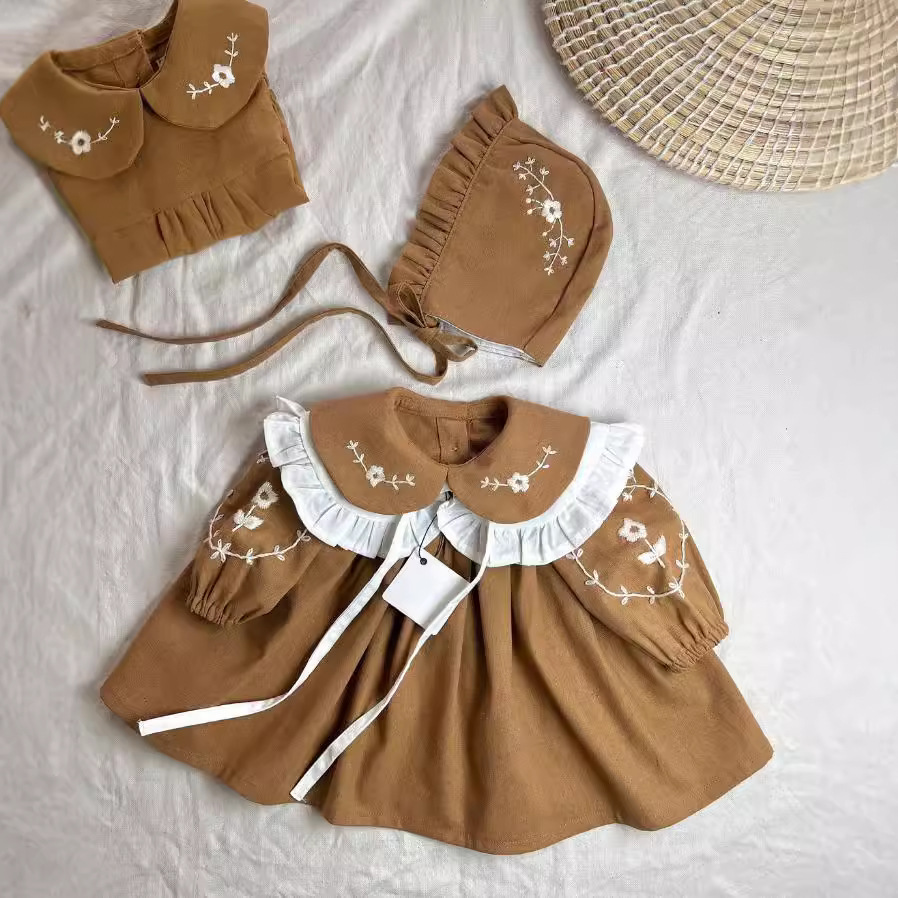 Girls Autumn and Winter dress Cotton Linen Long Sleeve Princess Dress Ins Handmade Embroidered Doll Dress Baby Clothes