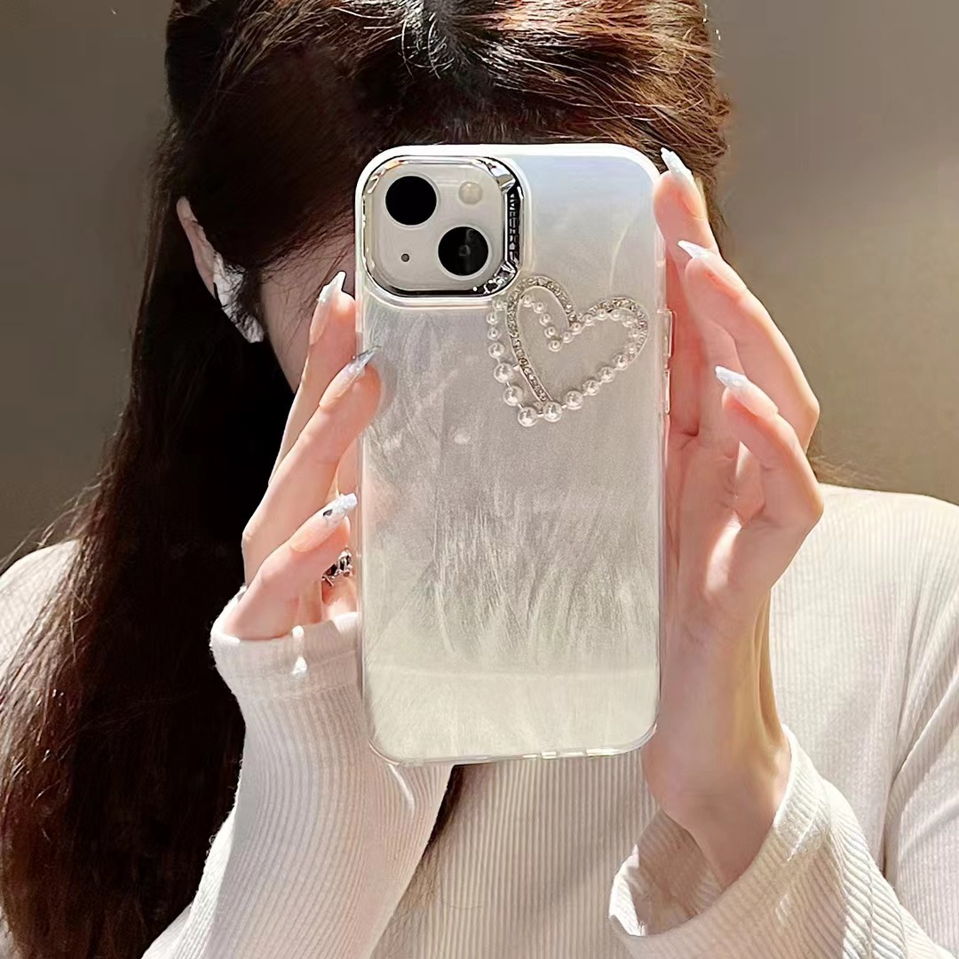 適用珍珠愛心iPhone15promax保護套羽紗14promax蘋果14手機殼12