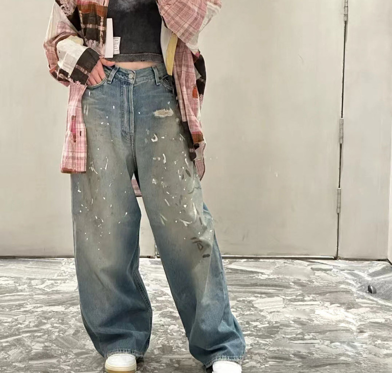 Wang Churan~New Niche Design Dirty Dye Splash Ink Wash High Waist Retro Distressed Straight Wide Leg Jeans