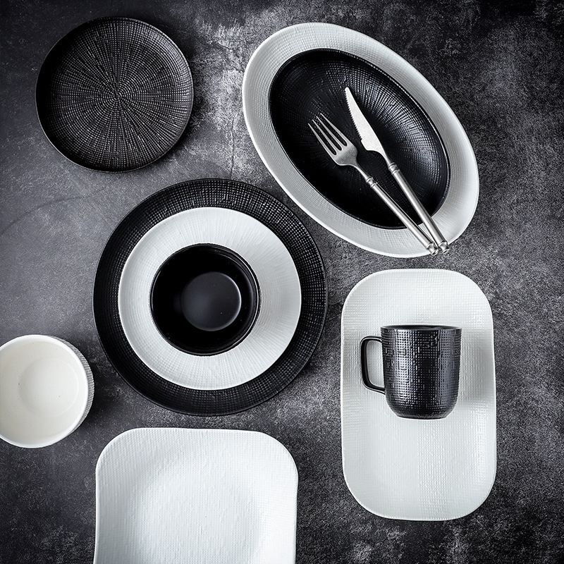 Nordic Style Fashionable Linen Texture Light Luxury Ceramic Tableware Bowls and Plates High-End Black and White Ceramic Plate Set Nordic Style Fashionable Linen Texture Light Luxury Ceramic Tableware Bowls and Plates High-End Black and White Ceramic Plate Set