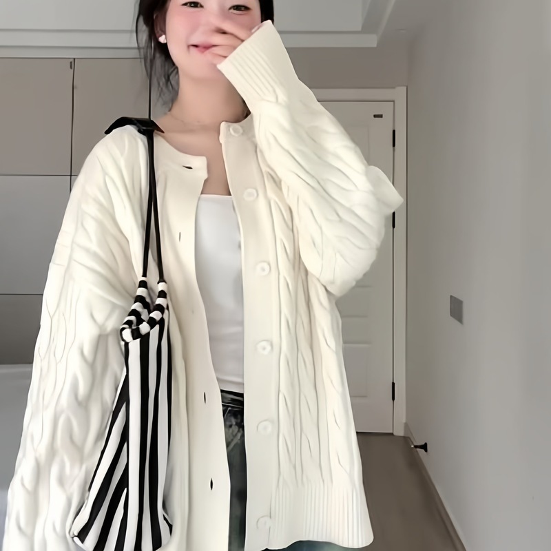 针织开衫女春秋宽松外穿韩系温柔慵懒风复古秋冬麻花毛衣外套|undefined
