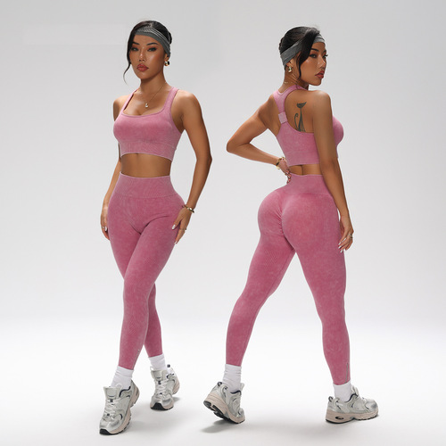 Cross-border seamless sanding yoga set five-piece exercise suit shockproof yoga bra fitness yoga pants