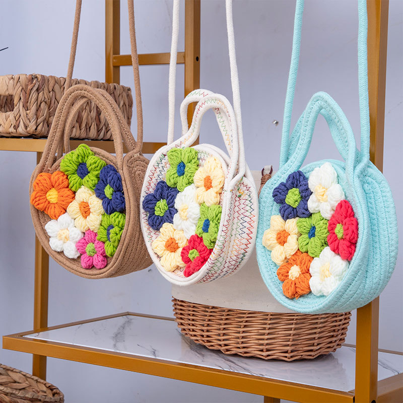 Cordón de algodón tejido bolso de mano mujer primavera y verano nuevo color sólido pequeño fresco bolso de vacaciones bolso de mano flores