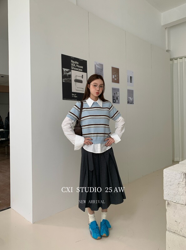 CXI美式复古百褶裙女低腰a字高级感学院风半裙秋季新款工装半身裙|undefined