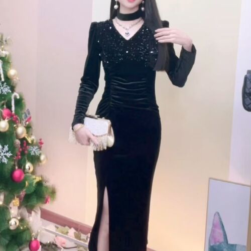 French royal style sexy split high waist slimming long-sleeved dress for women in winter Hepburn style pure desire all-match dress