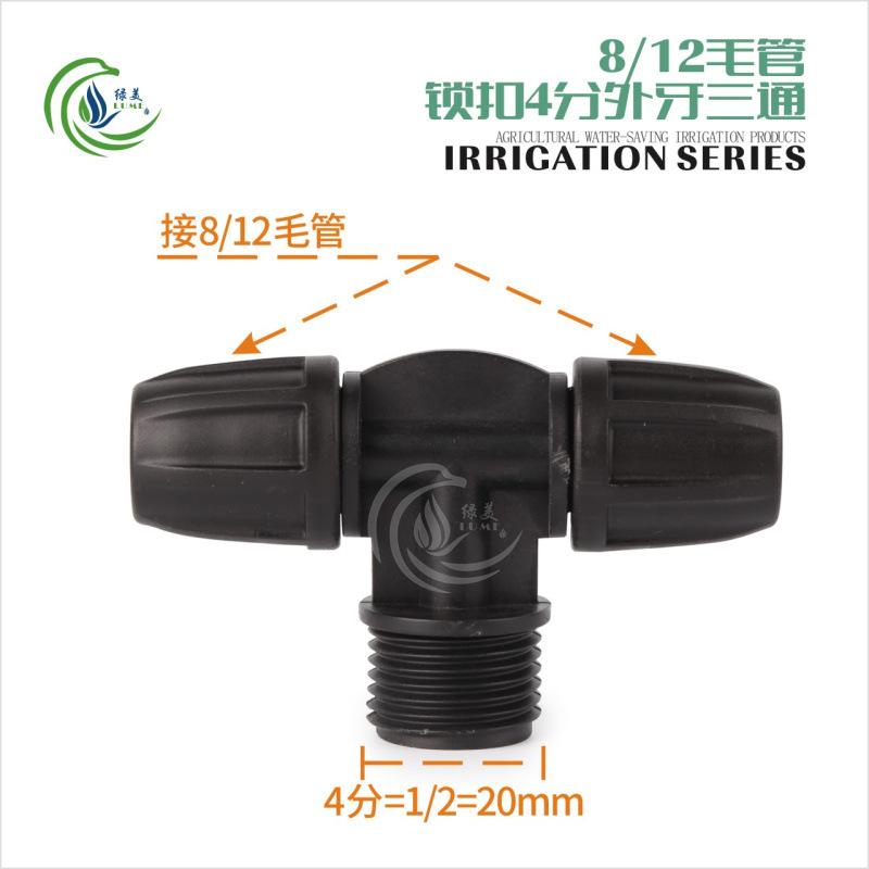 8/12 accesorios de tubo capilado a través del codo de tres vías 9/12 accesorios de riego automático de tubo capilado accesorios de tubería de riego de jardinería