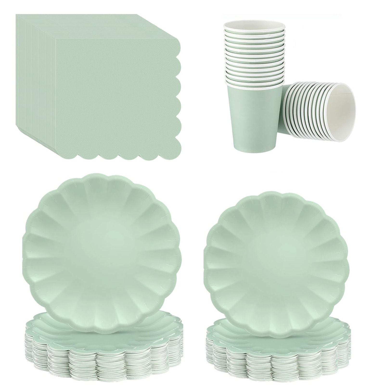 Light green wavy edge irregular shell-shaped disposable tableware, food-grade paper plates, paper cups, paper napkins for weddings and birthdays