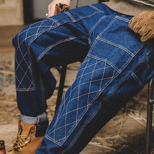 American Retro Workwear Jeans for Men - Autumn/Winter New Trend Brand Loose Topstitch Double Knee Logging Straight Leg Pants for Men