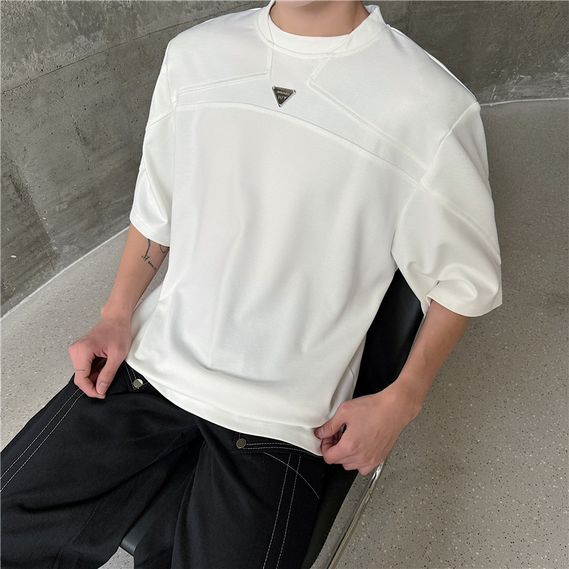 24 New Summer Trendy Fashionable Stylish Splicing Design Niche Metal Decorative Style T-Shirt D37-575