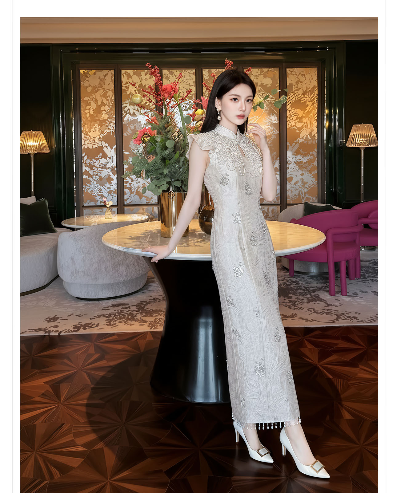 Đầm ôm body nữ phong cách Tân Trung Hoa đính cườm nặng tay thiết kế sườn xám — Xám Hạnh chi tiết 7
