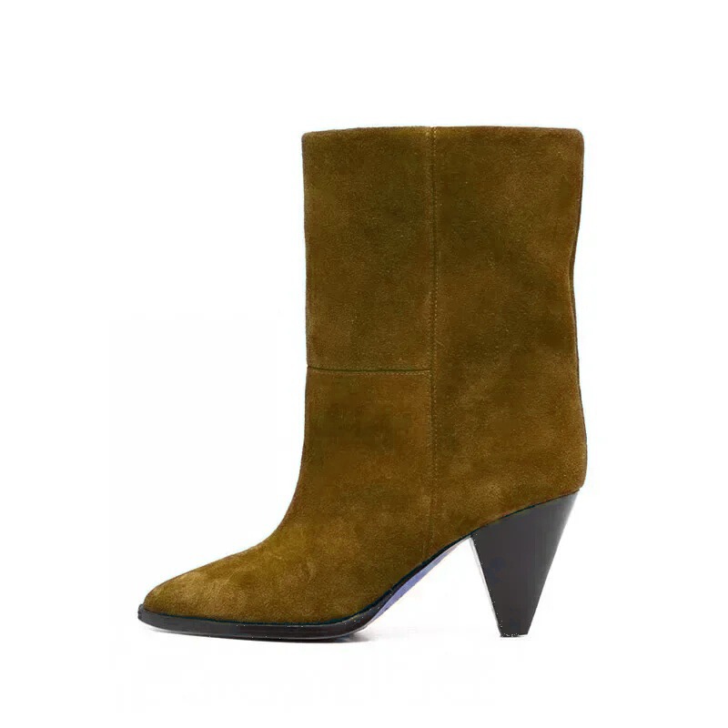 European and American Style Wide-Tube Tapered Heel Calf Boots, Size 45, High-Heeled Cowboy Boots, Short Boots, Loose Wide-Calf Fashion Boots