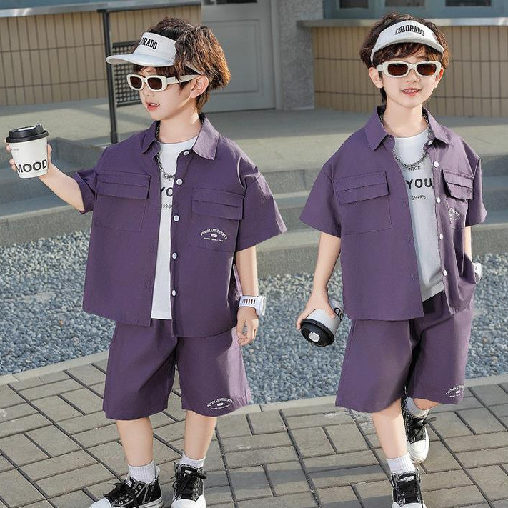 7955 traje de manga corta de verano para niños 2025 nuevo estilo fresco y guapo camisa de verano para niños ropa de bebé de dos piezas de moda