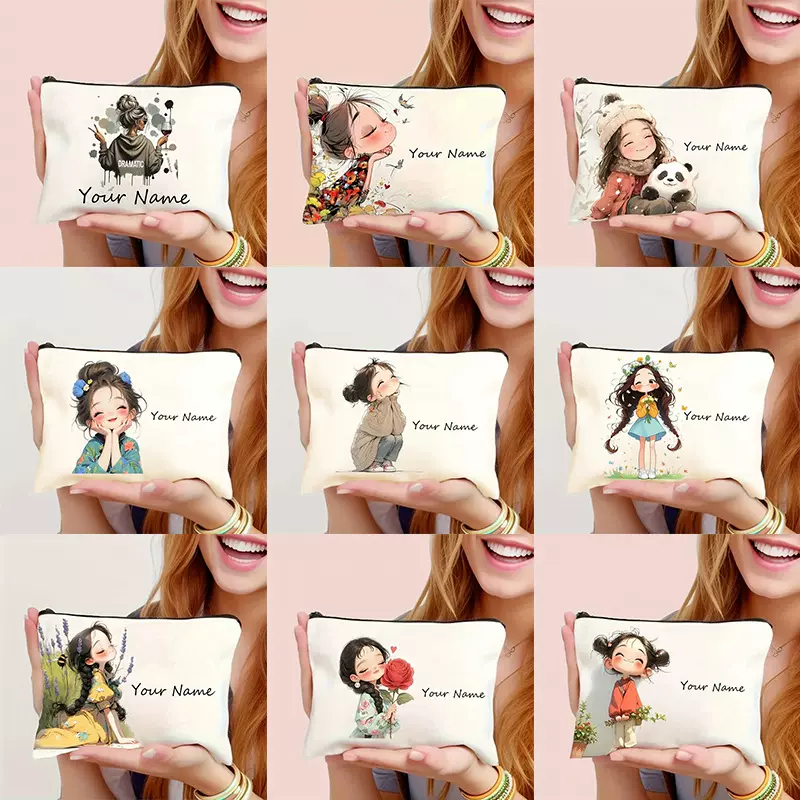 源头工厂帆布化妆包  大容量拉链 可爱图案耐磨 女性纪念礼物