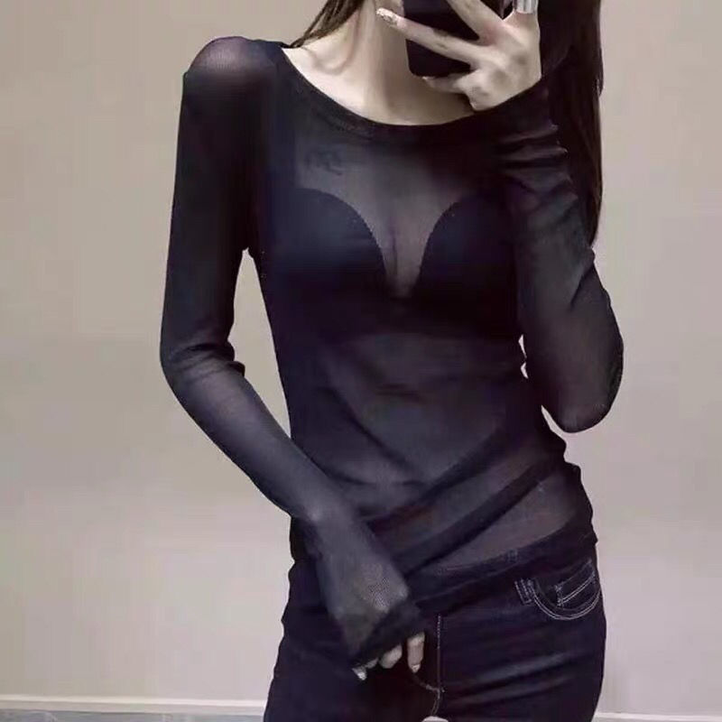 Mesh Base Shirt Women's European Station 2024 New Ultra-thin Black Perspective Transparent Long-sleeved T-shirt Top Trendy