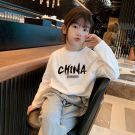 H2328#100%纯棉儿童长袖打底衫春秋印花洋气休闲t恤女宝宝上衣潮t