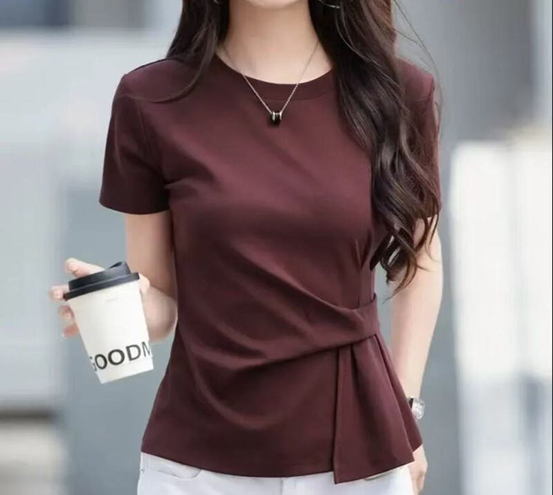 女性用デザイン半袖Tシャツ、ウエストが不規則なトップス、ファッショナブルな夏の新しいスタイル、ドロップシッピング|undefined