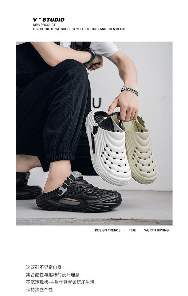 Dép lỗ nam kiểu Crocs mùa hè chống trượt, mũi tròn bảo vệ, đi biển và lái xe — Trắng, màu xanh nhạt, đen chi tiết 2