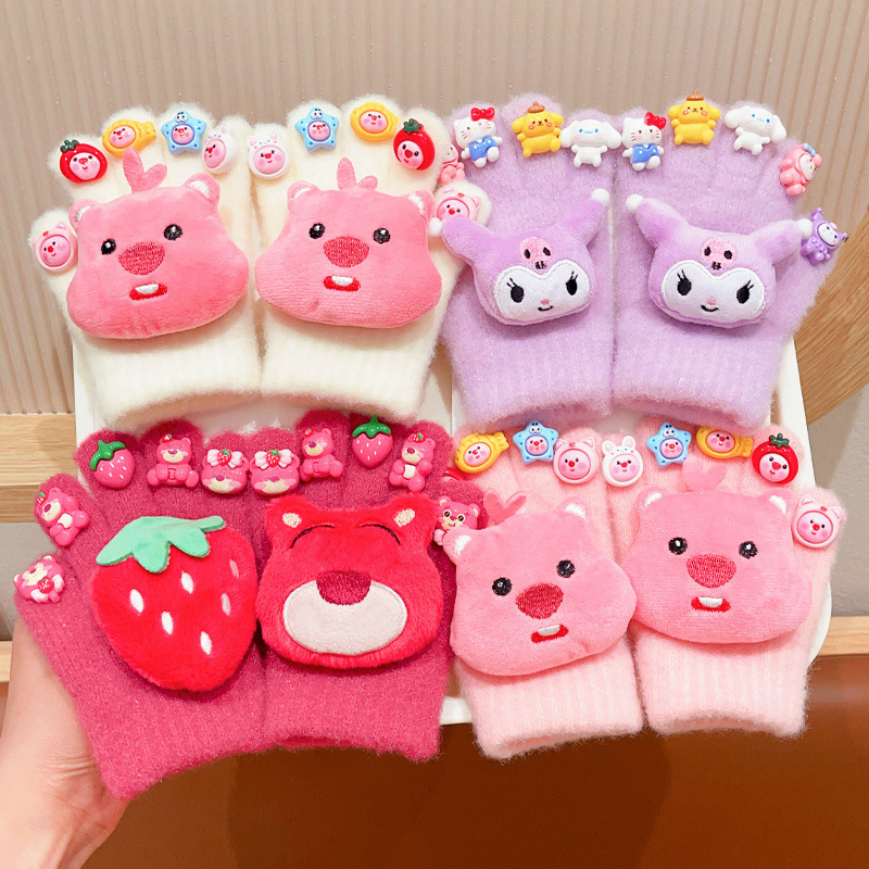 Autumn and Winter Children's Gloves Cartoon Plus Velvet Five-Finger Gloves for Girls Cute Personalized Writing Warm Mittens