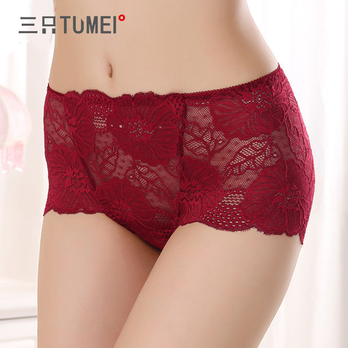 Three Rabbits Beautiful Lace Panties Women's Wholesale Cotton Crotch Mid-High Waist Seamless Belly Control Briefs Large Size Women