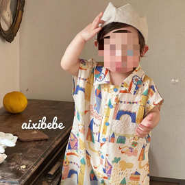 夏季新款男宝宝花衬衫连体衣婴儿可爱卡通哈衣包屁衣爬服0007A021