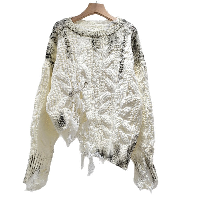 Nicho de horquilla irregular agujero suéter mujer moda coreana polirido color callejero universal camisa de punto suelta camisa de punto de moda image 5