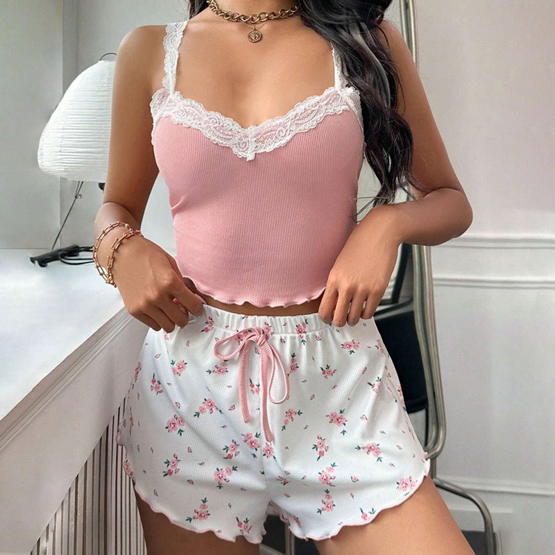 Cross-Border Aliexpress Hot Selling Lace Suspender Shorts Comfortable Elastic Home Wearable Home Clothes Pajamas for Women Cross-Border Aliexpress Hot Selling Lace Suspender Shorts Comfortable Elastic Home Wearable Home Clothes Pajamas for Women