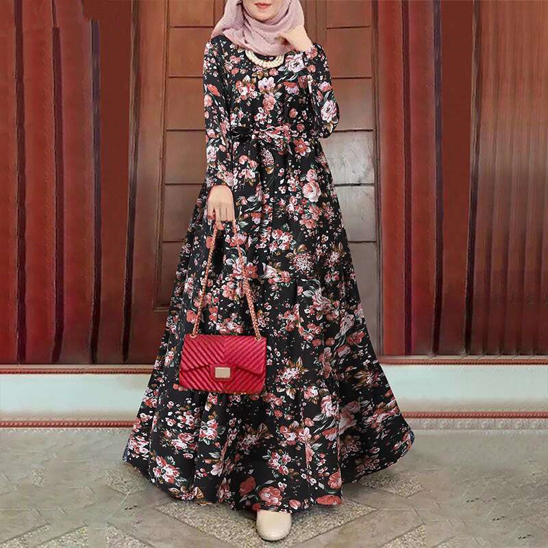 New cross-border robe printed sundress elegant floral Muslim dress belt