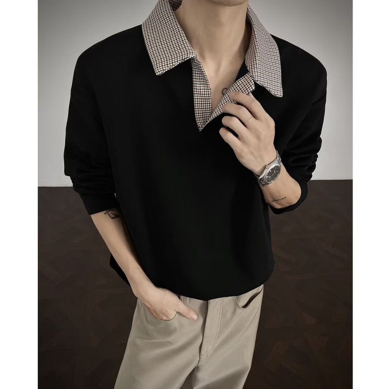 Houndstooth polo shirt, unisex, vintage style, long-sleeved t-shirt, off-shoulder, air-layer sweatshirt, layering, innerwear, base layer.