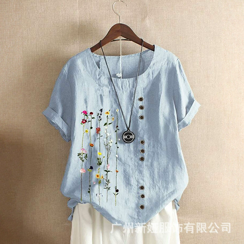 2022 летняя новая Повседневная Свободная футболка больших размеров из хлопка и льна с короткими рукавами и принтом, Женская одежда из хлопка и льна