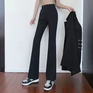 跨境2024新款高腰开叉微喇叭阔腿裤女休闲宽松显瘦西装拖地长裤子