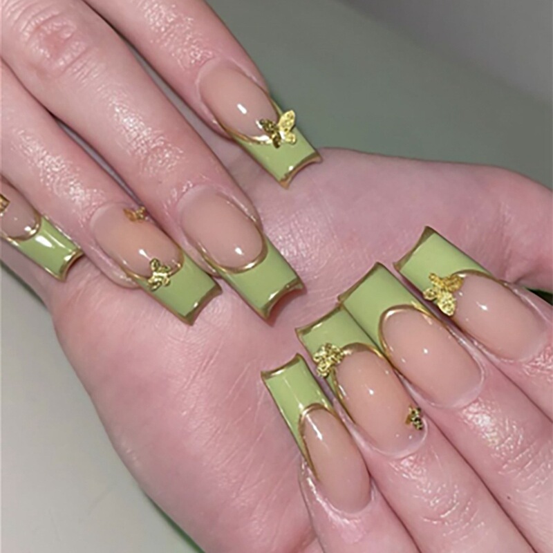 Fashionable light luxury style wear nail piece fresh green golden bow nail patch French fake nail sticker finished product