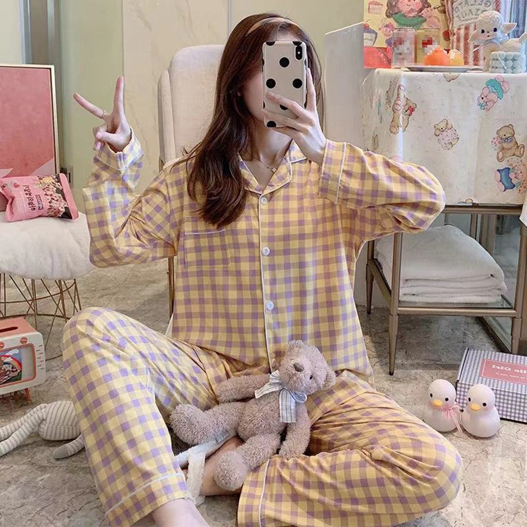 Primavera y otoño pijamas de las mujeres lindo simple traje fresco estudiante flojo Delgado manga larga cardigan leche seda inicio desgaste