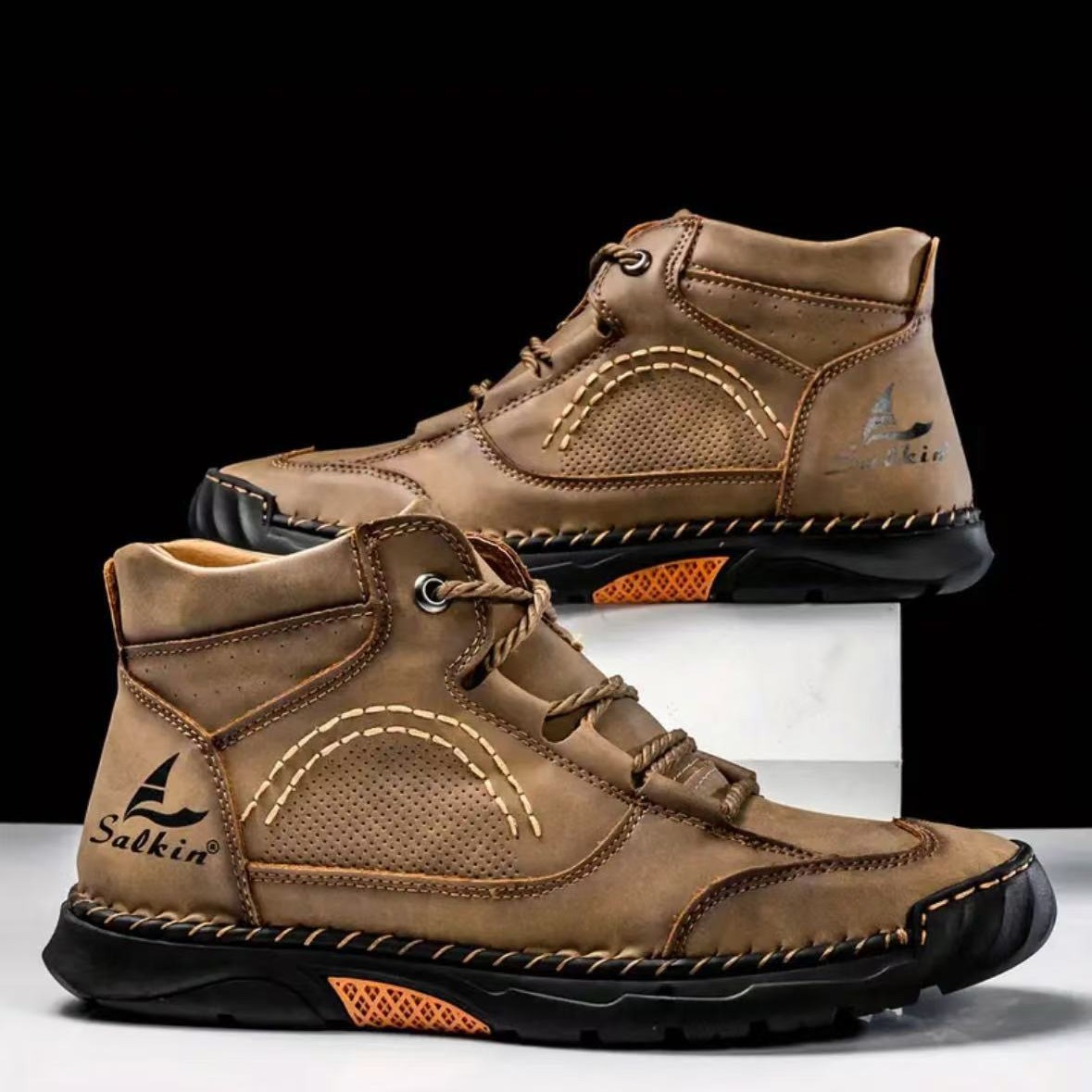 Plus-Size Men's Pu Leather Boots Men's Fashion Hand-Sewn Ankle Boots Flat Lace-Up Casual Shoes_vogvips.com