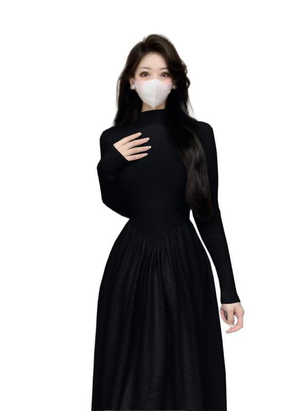 白色半高领长袖针织连衣裙女秋季配大衣内搭打底裙修身收腰长裙子|undefined