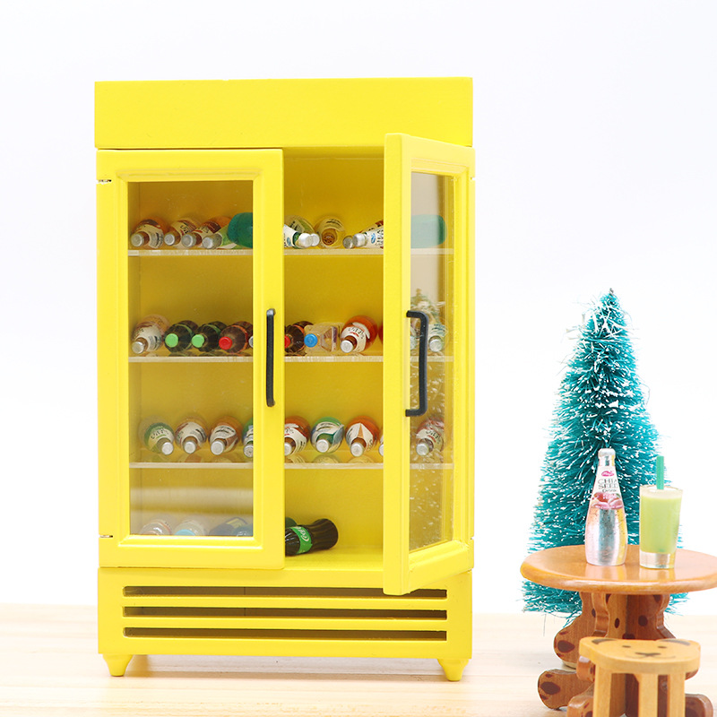 1:12 Dollhouse mini muebles de madera refrigerador tienda micro escena bebidas color congelador