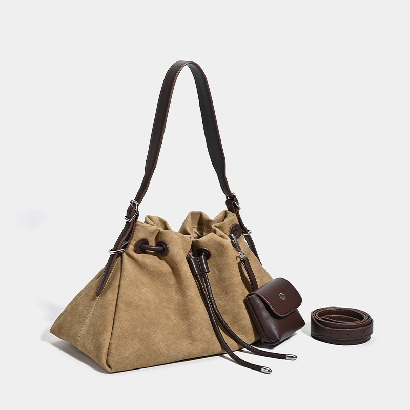 Vintage Suede Commuter Tote Bag For Women, Large Capacity Pleated Bucket Bag, Casual Versatile Shoulder And Crossbody Bag - Thumbnail 2