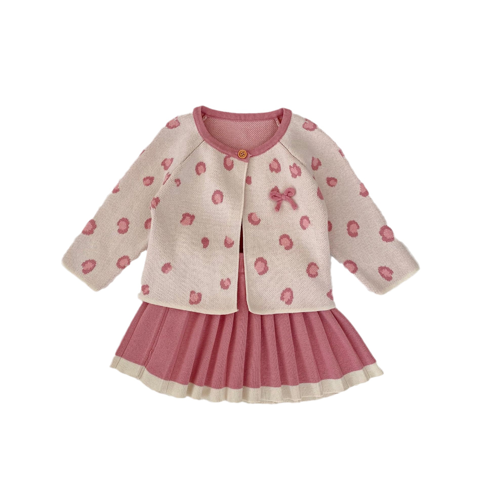 2024 Sonbahar Bebek Kız Pembe Leopar Mont+Pembe Örme Askılı Etek İki Parça Set_voghion.com