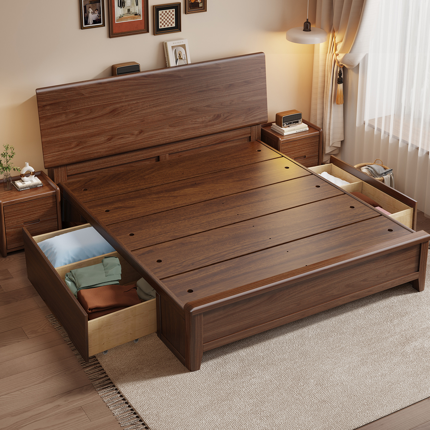 Black Walnut Wood Bed, Solid Wood Furniture, Mortise and Tenon Structure, Hardboard Bed, Multifunctional Storage, 1.8m by 2m Large Bed