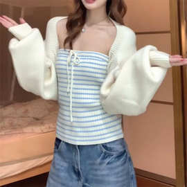春夏新款小众设计感条纹无袖背心针织衫辣妹性感毛衣女两件套上衣