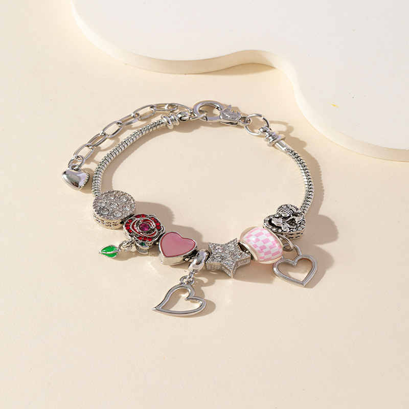 Pulsera Panjia Dora DIY cuentas explosivas transfronterizas colgante de amor goteo flor de aceite en forma de corazón accesorios de chicas de diamantes