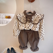 女童秋季套裝2022新款寶寶碎花洋氣上衣兒童時髦秋裝燈芯絨兩件套
